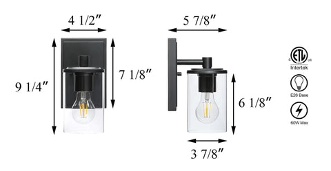 1 Light Slick Black Bathroom Vanity Sconce With Clear Tubular Glass Shade Modern Indoor Wall Lighting Hardwired Fixture dimensions