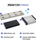 Ultra Smooth Linear Guide Rail With Block MGW15H 150mm wide sliding track for CNC and 3D printers with rail, block, and tools.