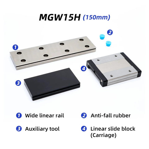 Ultra Smooth Linear Guide Rail With Block MGW15H 150mm wide sliding track for CNC and 3D printers with rail, block, and tools.