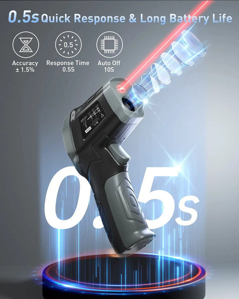 3 In 1 Infrared Thermometer Gun For Cooking, Grilling, Pizza Oven And Engine, Must Have Quick Minus 58F To 1112F Readings In 0.5s, Adjustable Emissivity, Pro Grade Digital Laser Temperature Gun, Includes Meat Probe And Carry Case., black infrared thermometer gun angled view with 0.5s response text