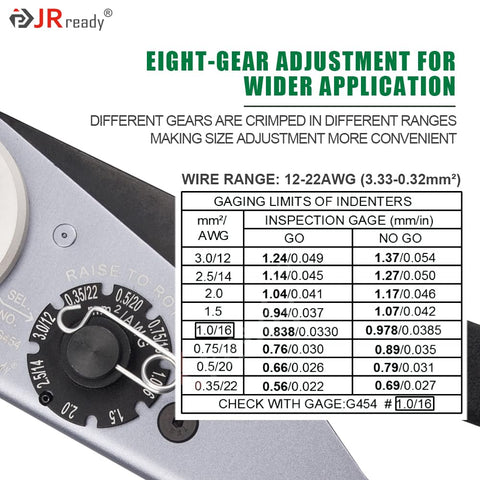 Deutsch DTM Connector Crimp Tool Kit Pro Grade With 104 Solid Contacts showing eight-gear adjustment and gaging limits.