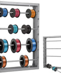 Wall Mounted Wire Spool Rack With Four Adjustable Rods, Heavy Duty Cold Rolled Steel Cable Dispenser loaded with colorful spools
