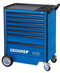 Solid As A Rock Seven Drawer Tool Trolley Made In Germany Featuring Thick Steel Heel Guard and Bumper side view with blue finish.