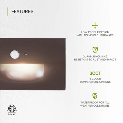Recessed Step Light Fixture With Dusk To Dawn Sensor, Dope 3CCT Options, Motion Sensor And Photocell, ETL Listed, Dark Bronze
