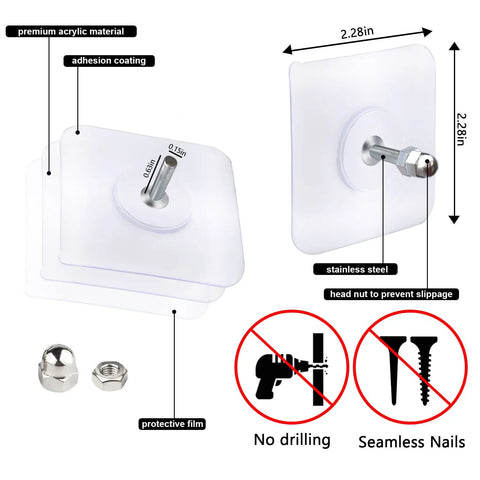 Heavy Duty Adhesive Hooks 2 In 1 No Drill Wall Mount Shelf Hangers Screw Free Sticker With Built In Bolt in white with dimensions