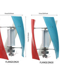 Two vertical-axis wind turbines with red and blue three-blade rotors, 12V 100W, DN20 flange for off-grid home or boat use
