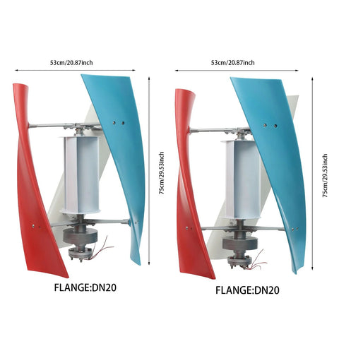 Two vertical-axis wind turbines with red and blue three-blade rotors, 12V 100W, DN20 flange for off-grid home or boat use