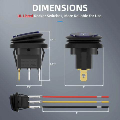 Dimensions diagram of 12V Waterproof Round Rocker Switch With Blue LED Light 3 Pin On Off 20A Weatherproof Marine Grade Toggle