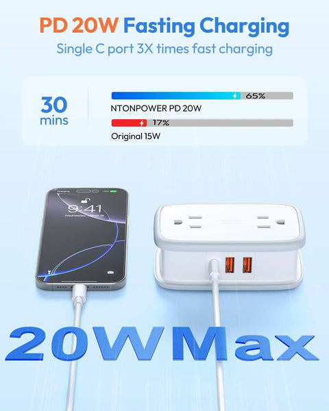 20W Travel Power Strip With 4 Outlets And 3 USB Ports Including USB C 4 Ft Wrapped Extension Cord Flat Plug Cruise Approved Non Surge Protector Ultra Compact Travel Essential For Luggage And On The Go shown with fast charging indicator and smartphone connection.