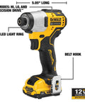 Xtreme 12V Max Brushless Drill And Impact Driver Combo Kit With Three Eighth Inch Ratcheting Chuck Ultra Compact Design Longer Run Time High Power For DIY Enthusiasts And Pros Lightweight Durable For Tough Jobs And Tight Spaces detailed view of impact driver with 3 LED light ring and belt hook
