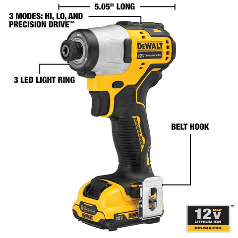 Xtreme 12V Max Brushless Drill And Impact Driver Combo Kit With Three Eighth Inch Ratcheting Chuck Ultra Compact Design Longer Run Time High Power For DIY Enthusiasts And Pros Lightweight Durable For Tough Jobs And Tight Spaces detailed view of impact driver with 3 LED light ring and belt hook
