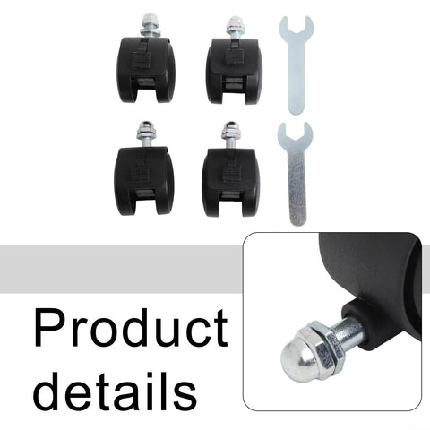 Front view: Four black plastic caster wheels with 8mm threaded stems and brake; includes two wrenches for oil heater replacement.