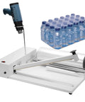 Heavy Duty Shrink Wrap Sealer Machine With 1500 Watt Heat Gun sealing a pallet of water bottles with clear plastic film.