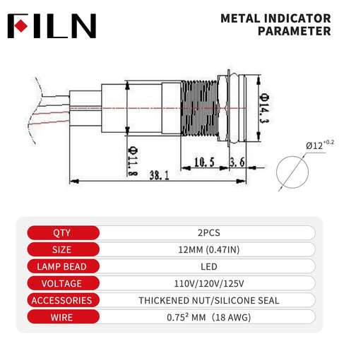 Technical diagram of 12mm Green LED Indicator Light Waterproof Metal Housing Signal Lamp 110V 120V 125V IP67 Dash And Equipment Light 2 Pack