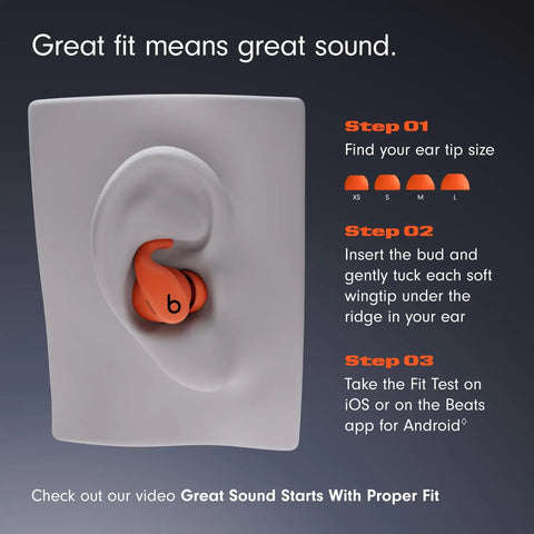 Diagram showing Powerbeats Fit Wireless Earbuds fit process with an ear model emphasizing secure wing tips and ear tip sizes.
