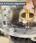 Close-up of Killer Six And Half Inch Clear Acrylic Router Base Plate With Centering Pin being aligned with screw.