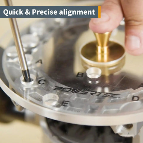 Close-up of Killer Six And Half Inch Clear Acrylic Router Base Plate With Centering Pin being aligned with screw.