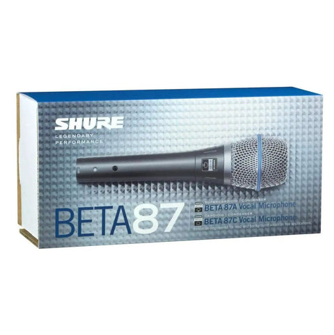 BETA 87A Studio Grade Vocal Microphone With Built In Pop Filter box showing product image and branding