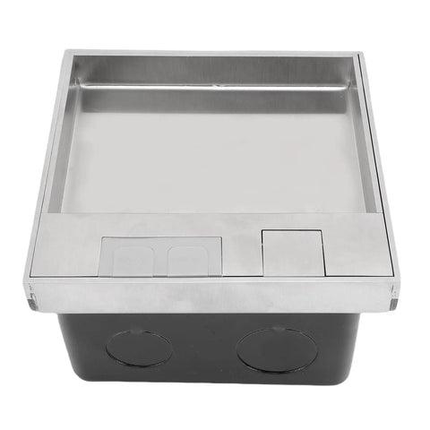Concealed Recessed Floor Electrical Outlet Kit With Slick Push To Open Cover Plate For No Sweat Home Power Access In Kitchens Offices Or Basements Heavy Duty Construction And Easy Does It Setup, silver and black design.