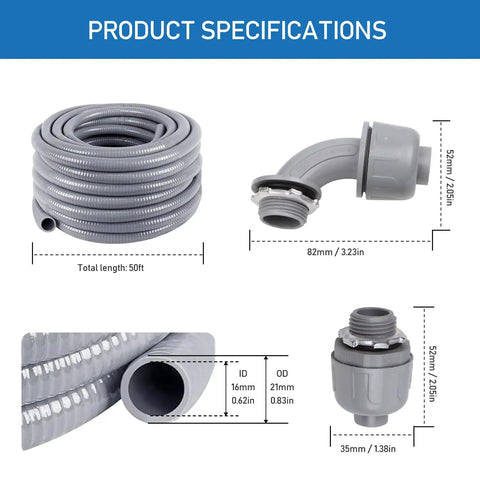 Half Inch Flexible PVC Electrical Conduit Kit 50 Feet Liquid Tight With Five Couplings Five Elbows And Ten Straps shown with dimensions
