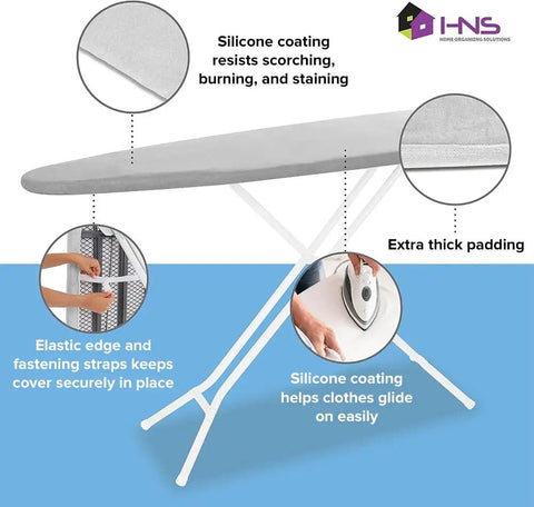 Silicone Coated Ironing Board Cover With Thick Padding And Straps Fits All Sizes shown on ironing board.