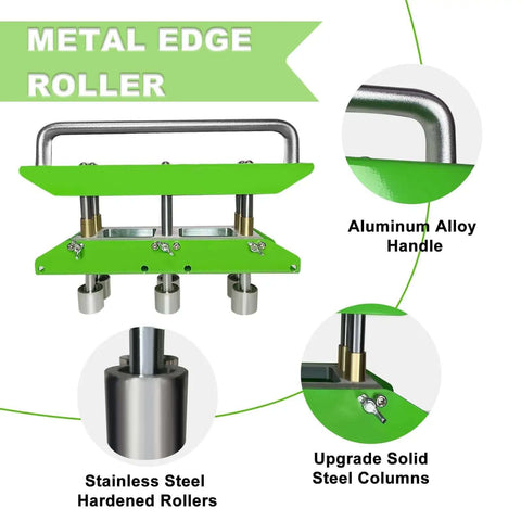 Three Station Edge Roller Bender for Roofing Sheet Metal with 0 to 90 Degree Angles, aluminum handle and steel rollers close-up.