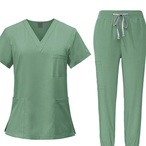 Green Womens Scrubs Set With Top And Jogger Pants Machine Washable Nurse Workwear For Spa Beauty Salons Medical Staff Vet Clinics Trendy Yet Practical Uniform That Stays Comfy All Day