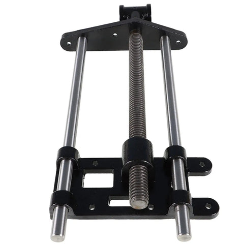 Industrial Grade Cast Iron Woodworking Bench Vise Featuring A Ten Inch Jaw And Reinforced Guide Rail close-up of guide mechanism with steel rods.