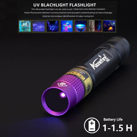 Ultra Portable 3W UV Flashlight 365nm Mini Black Light For Minerals Pet Urine Detection Scorpions Stains And Money Detection EDC Ready AAA Battery Included Pocket Sized Micro Light showing purple lens and battery life indicator