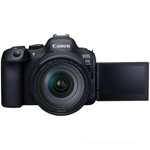 Front view of R6 Mark II Full Frame Mirrorless Camera Kit With RF 24-105mm F4 L IS USM Lens and LCD screen.