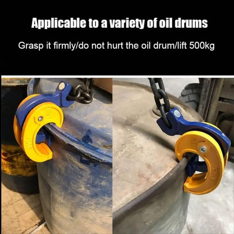 Heavy Duty Chain Drum Lifter With Rock Solid Grab Hooks For Forklifts And Self Locking 2 Ton Sling for 55 Gal barrels securing a drum.