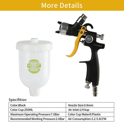 Pro Grade HVLP Gravity Feed Paint Spray Gun With 1.8 Mm Fluid Needle And 600Cc Cup, featuring a black gun and white cup.