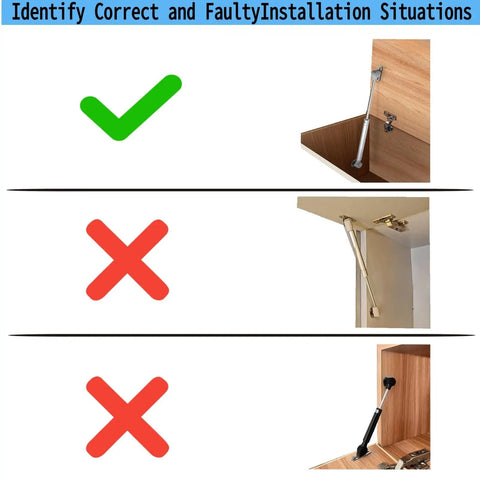Two Pack 14 Inch Gas Spring Hinges For Toy Boxes And Cabinets 150N Heavy Duty Soft Close Safety Hinges For Heavy Curved Arched And Flat Lids Black Built To Last installation guide with correct and incorrect examples.