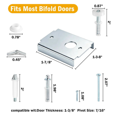 Kick The Wobble Out Of Your Closets With This Heavy Duty Bifold Door Repair Kit parts including brackets, pins, and wheels, detailed sizes included