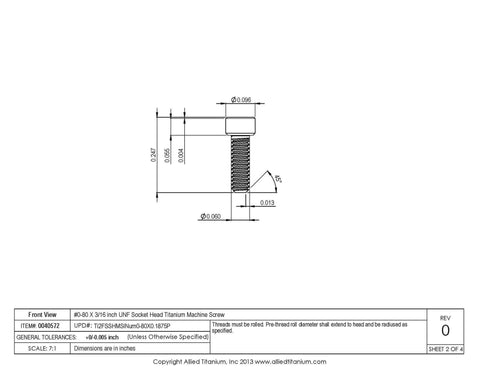 Titanium Socket Head Machine Screw For Thread Size Zero To Eighty UNF Grade Two CP Pack Of Twenty Five True Titanium Corrosion Resistant.