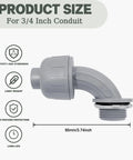 3/4 Inch Liquid Tight PVC Conduit Fittings 30 Pack, showing 90 Degree Non-Metallic Flexible Connector size and features