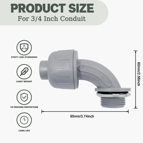 3/4 Inch Liquid Tight PVC Conduit Fittings 30 Pack, showing 90 Degree Non-Metallic Flexible Connector size and features