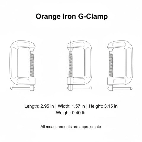 Heavy Duty Orange Iron G-Clamp For Woodworking And Diy Projects. 1 Inch Adjustable C Clamp dimensions illustration.
