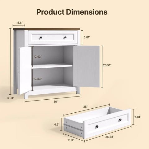 Dimensions of Farmhouse Kitchen Storage Cabinet With Adjustable Shelves And A Big Ol Drawer Barn Door Sideboard Buffet Freestanding 30W X 15.6D X 33.3H For Kitchen Living Room Or Entryway