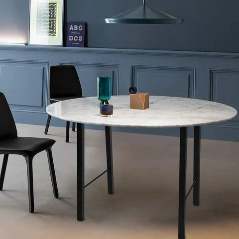 Round marble table with Two 28 Inch Industrial Trapezoid Table Legs Heavy Duty Metal Desk Support Black Powder Coated.