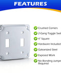 Two Gang Double Switch Box Kit With 4x4 Inch Metal Electrical Box And Two 15 Amp Tamper Resistant Single Pole Toggle Switches cover