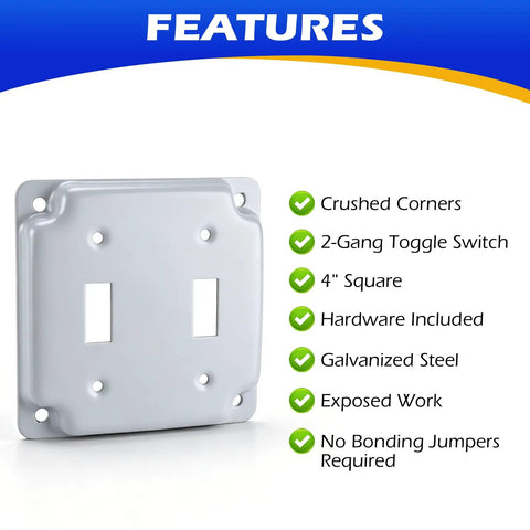 Two Gang Double Switch Box Kit With 4x4 Inch Metal Electrical Box And Two 15 Amp Tamper Resistant Single Pole Toggle Switches cover