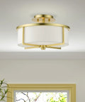 Two Light Satin Brass Stylish Semi Flush Ceiling Light With Off White Hardback Fabric Shade From Wesley Collection installed ceiling view