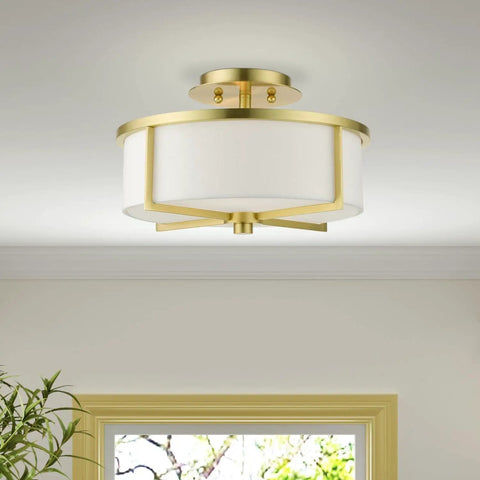 Two Light Satin Brass Stylish Semi Flush Ceiling Light With Off White Hardback Fabric Shade From Wesley Collection installed ceiling view