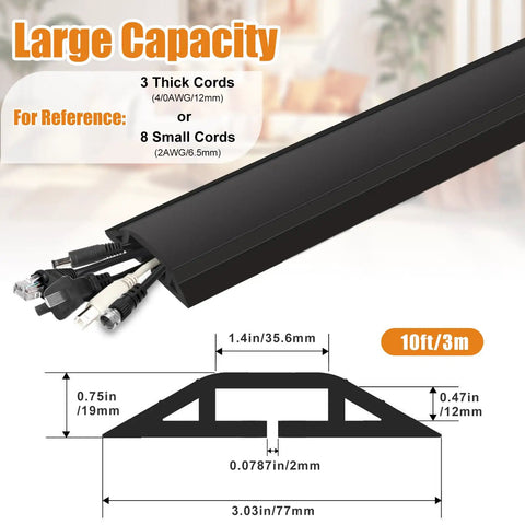 Image of Heavy Duty PVC Floor Cord Cover showing cable capacity and dimensions with diagram, ideal for home, office, or workshop use.