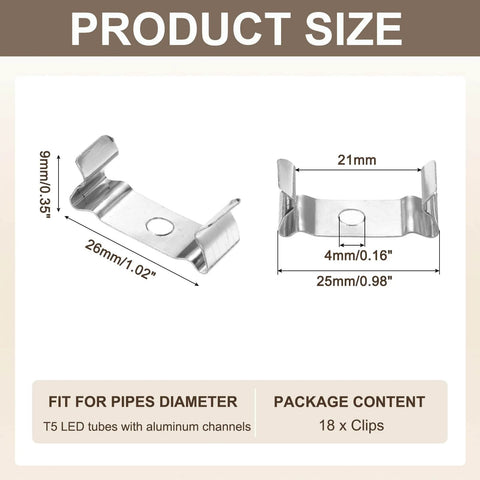 T5 Clip Bracket Hangers For LED Tubes Easy Install Light Fixture Clamps dimensions and content details, pack of 18 clips.