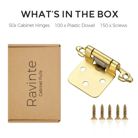Heavy Duty Gold Overlay Cabinet Hinges 1/2 Inch Face Frame Model With Quiet Cushion Bumpers And Rust Proof Screws For Solid Kitchen Remodels No Hassle Setup Total Weekend Renovation Hero, including screws and packaging.