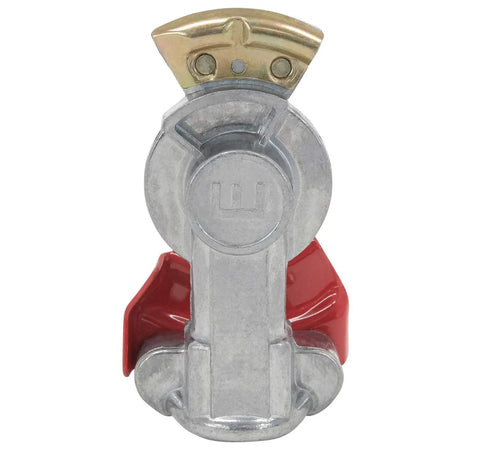 Universal Aluminum Glad Hand Set For Semi Trucks And Trailers 20 Pcs 10 Red 10 Blue Color Coded Airline Air Brake Hose Fittings For Trailers Tractors And RVs Heavy Duty Emergency Service Road Ready red aluminum glad hand close-up