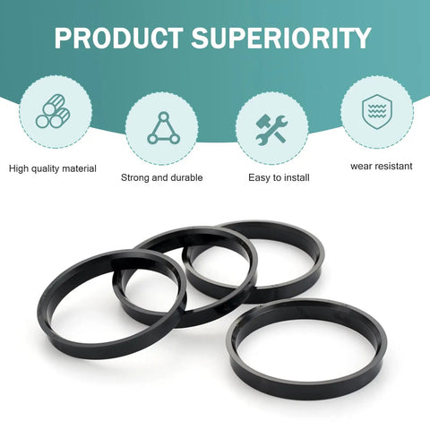 Four Pack Car Wheel Hub Center Rings 73.1 By 60.1 Reduction Adapter in black, showcasing high quality rubber and smooth design.