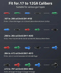 Rechargeable Bore Sight Laser Kit With 64 Adapters For Calibers From 0.17 To 12GA showing color-coded adapters chart